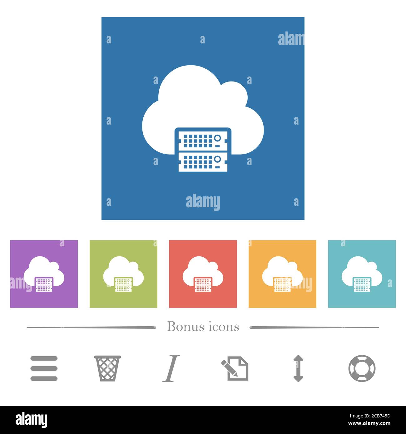 Cloud servers flat white icons in square backgrounds. 6 bonus icons ...
