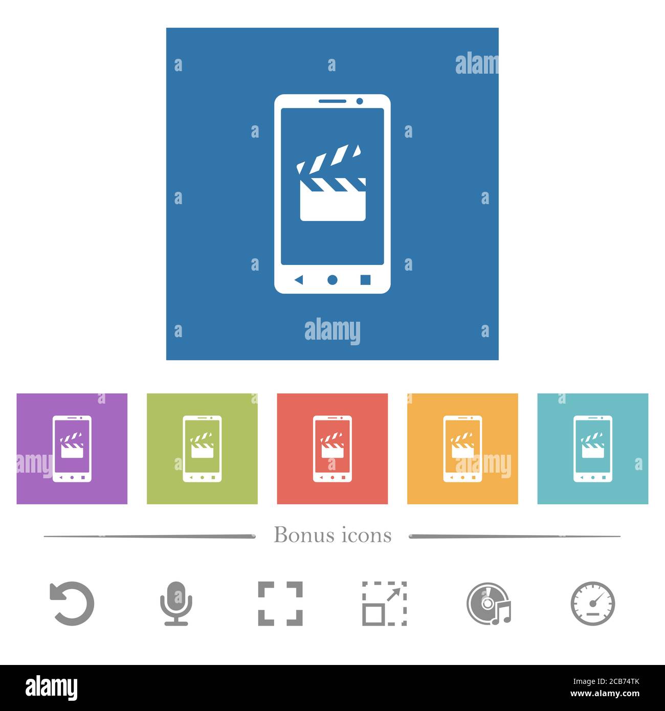 Smartphone film cut flat white icons in square backgrounds. 6 bonus ...