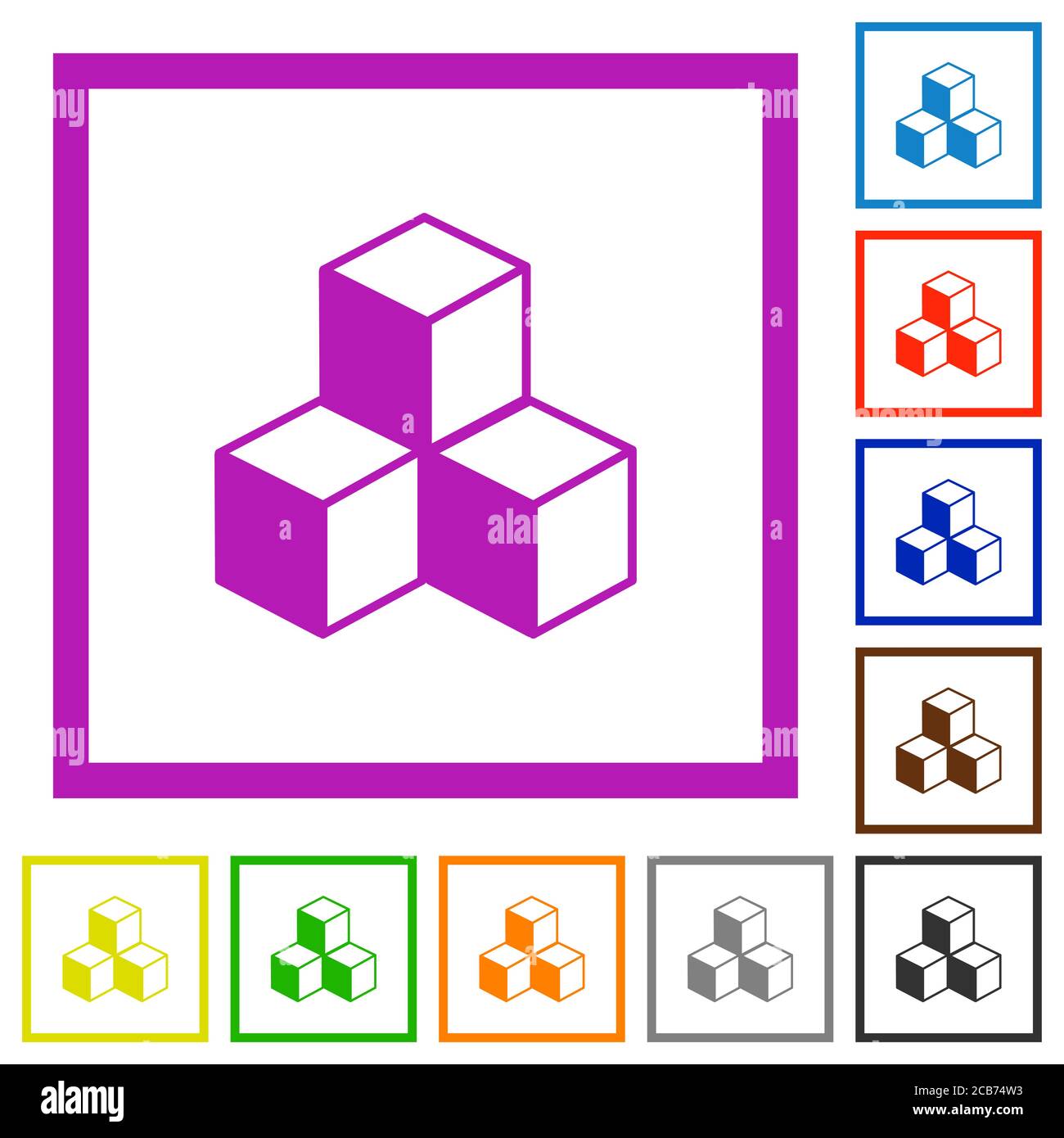 Cubes flat color icons in square frames on white background Stock Vector