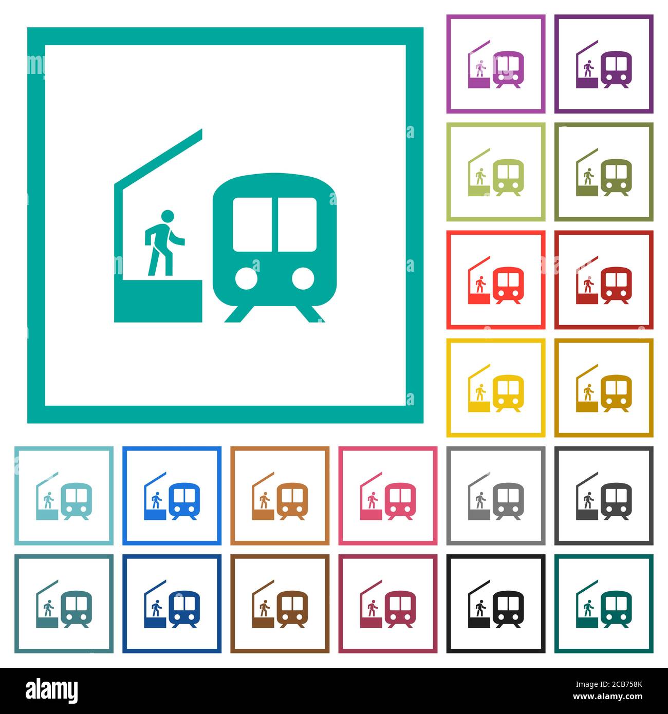 Train station flat color icons with quadrant frames on white background Stock Vector