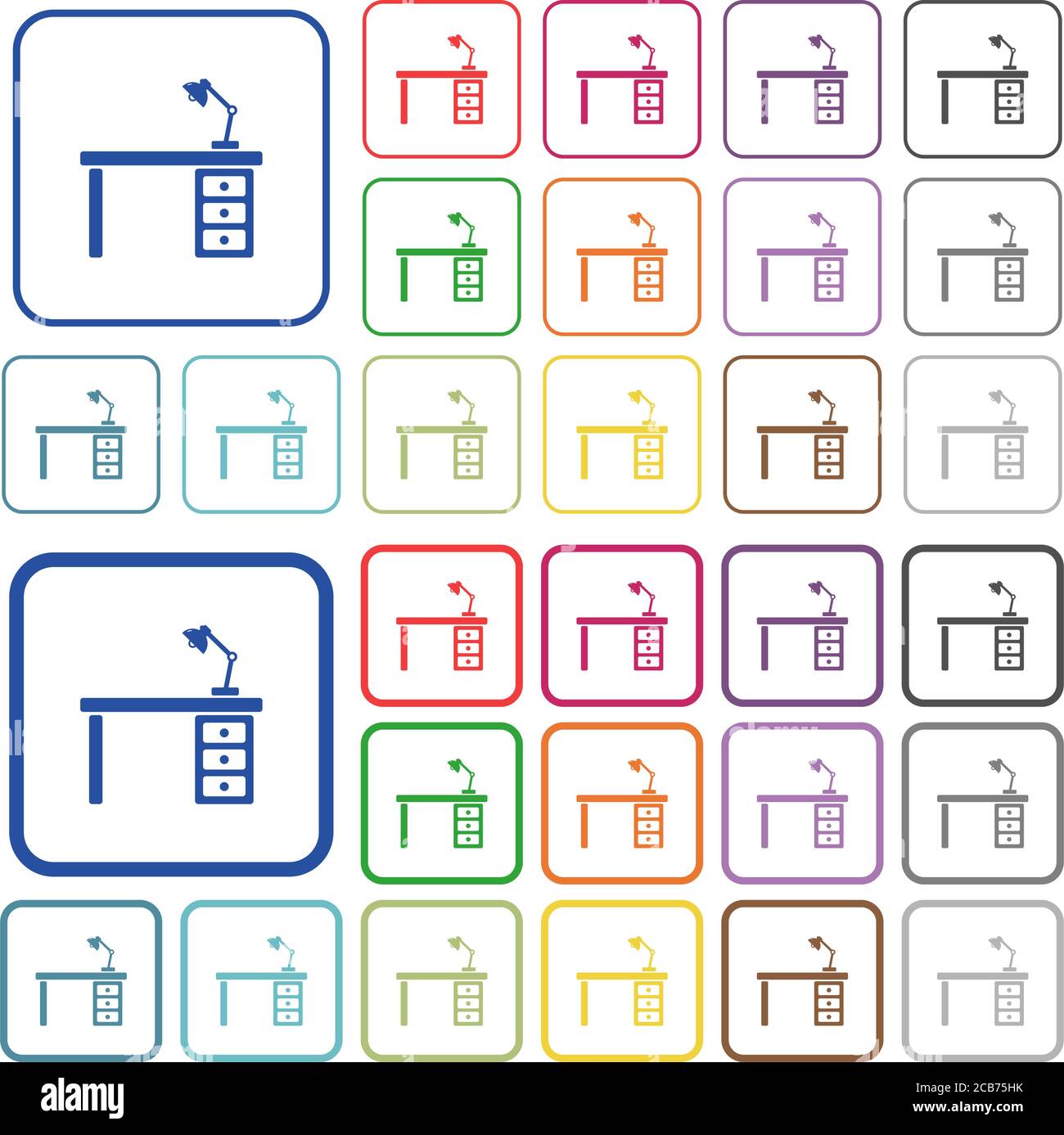 Desk with lamp color flat icons in rounded square frames. Thin and ...