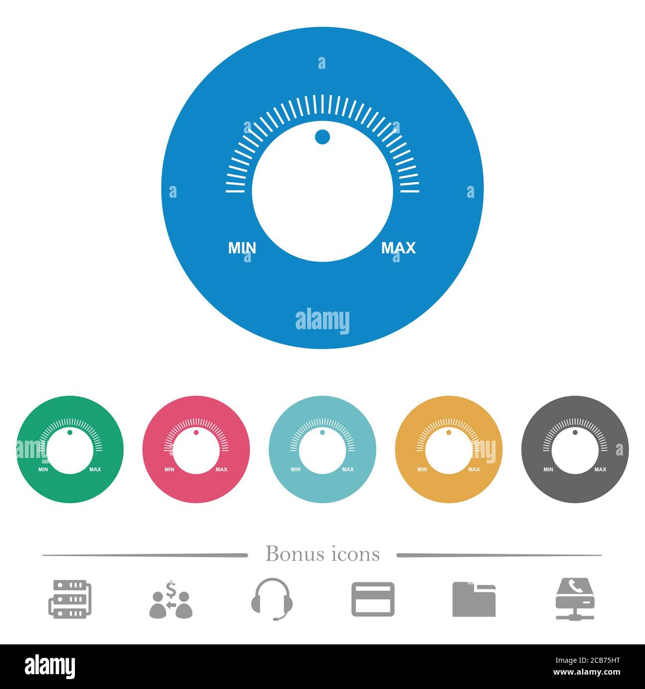 Volume control with captions flat white icons on round color ...