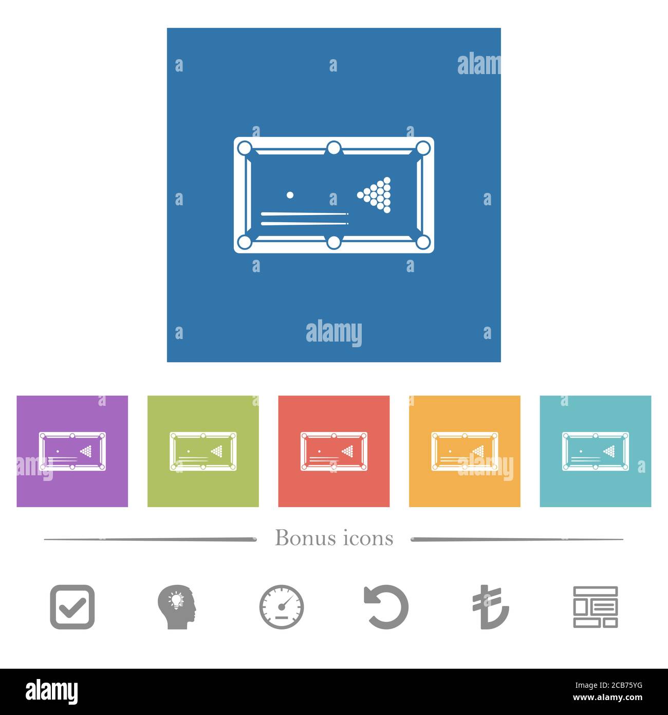 Billiard game with balls and cues flat white icons in square ...