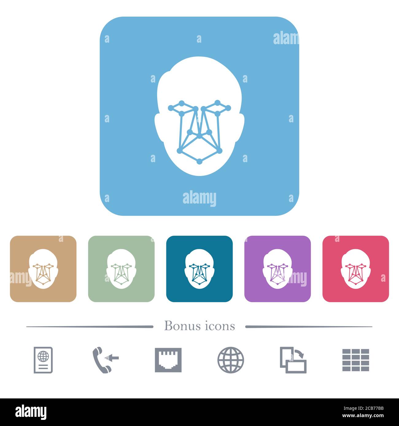 Face recognition white flat icons on color rounded square backgrounds ...