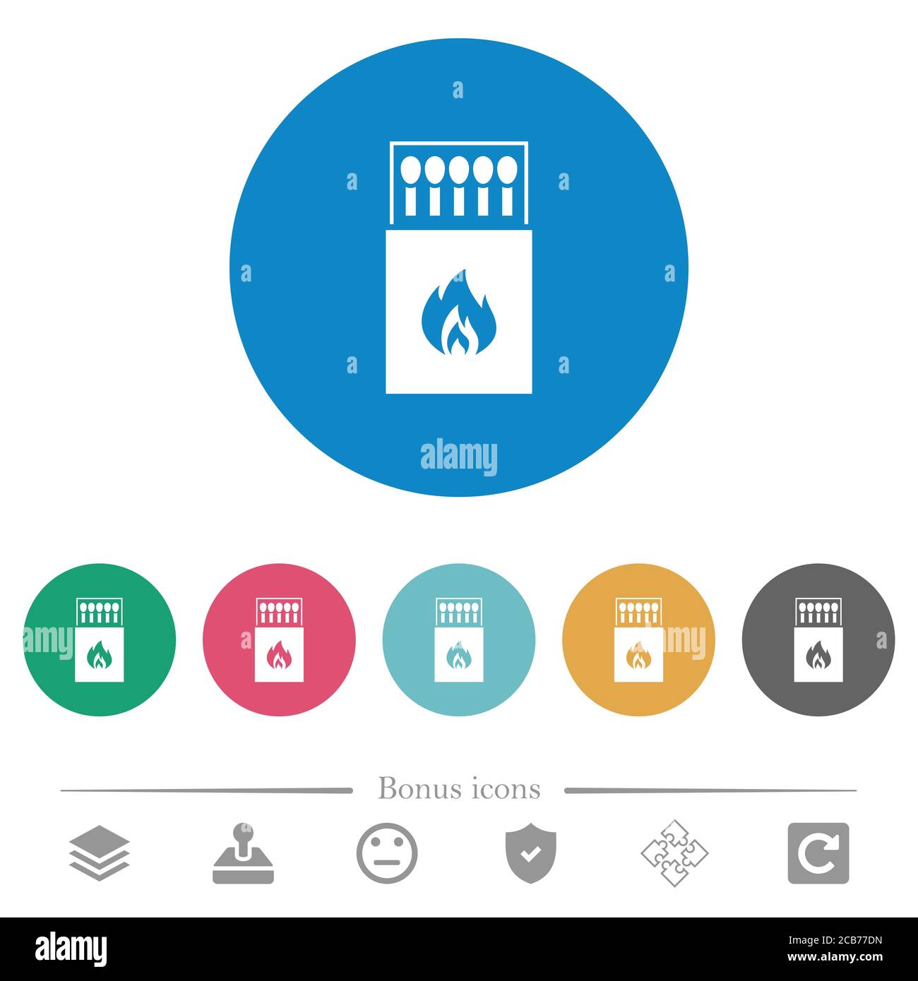 Box of matches flat white icons on round color backgrounds. 6 bonus ...
