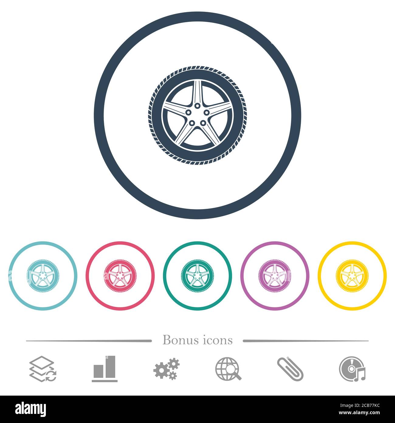 Car wheel flat color icons in round outlines. 6 bonus icons included ...