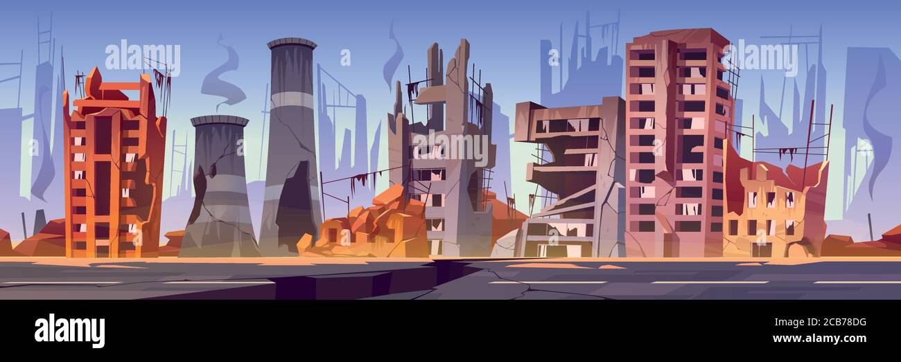 Destroyed buildings on city street after war or natural disaster. Vector cartoon illustration of abandoned broken houses with smoke and cracked road. Derelict town ruins after explosion or earthquake Stock Vector