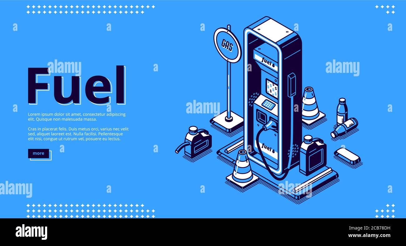 Fuel, petroleum fueling service isometric landing page. Gas, gasoline, diesel or oil car filling