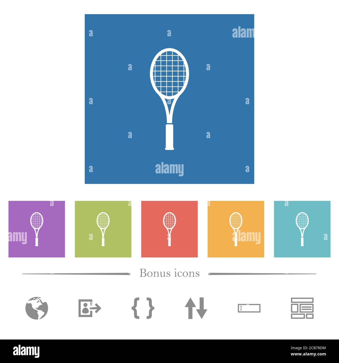 Single tennis racket flat white icons in square backgrounds. 6 bonus ...
