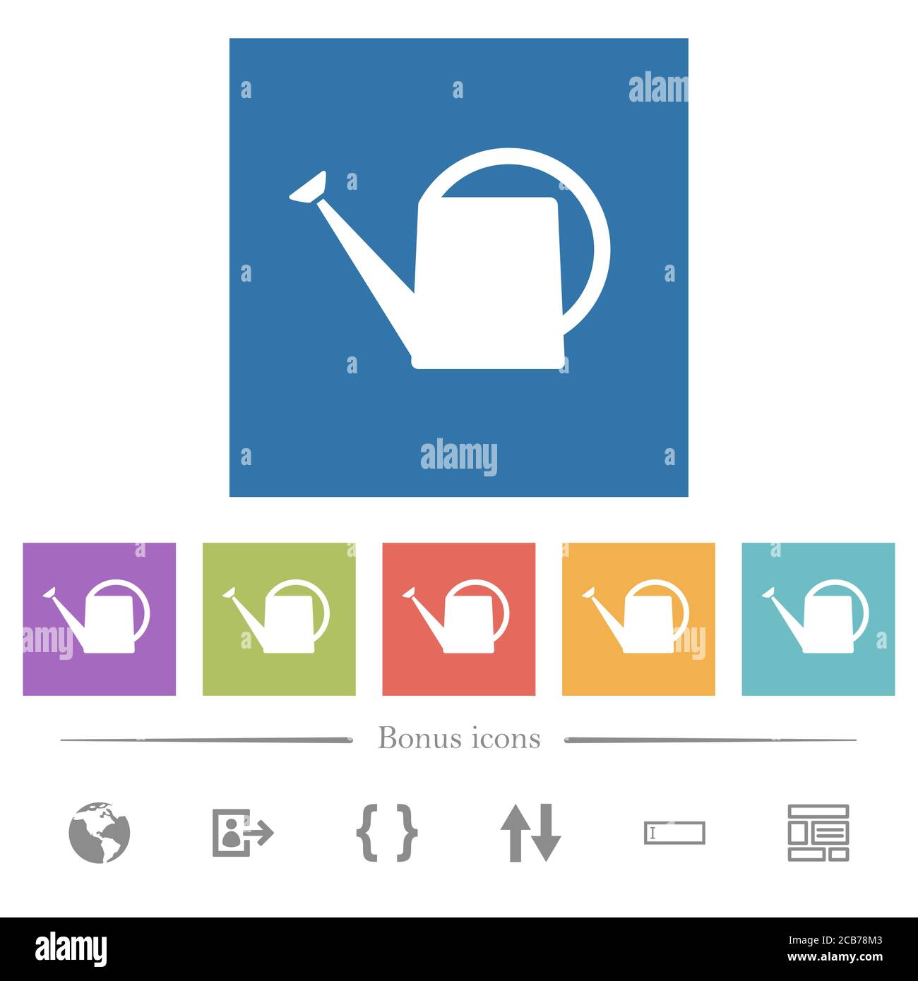 Watering can flat white icons in square backgrounds. 6 bonus icons included. Stock Vector