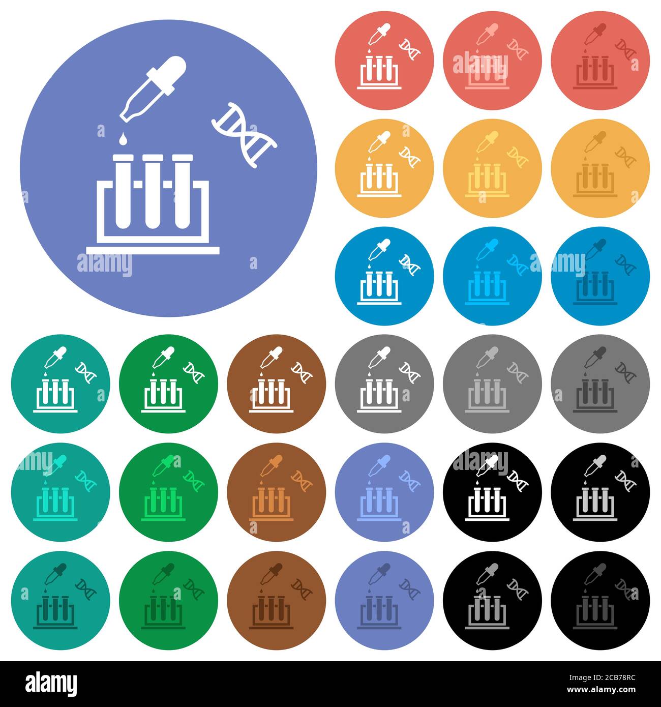 DNA experiment multi colored flat icons on round backgrounds. Included ...