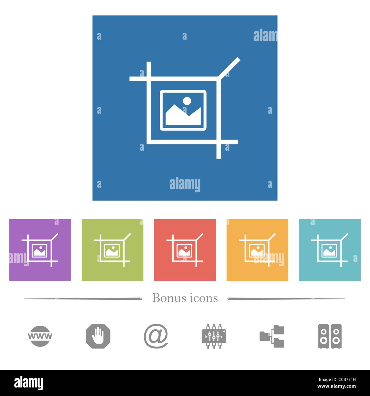 Crop picture flat white icons in square backgrounds. 6 bonus icons ...
