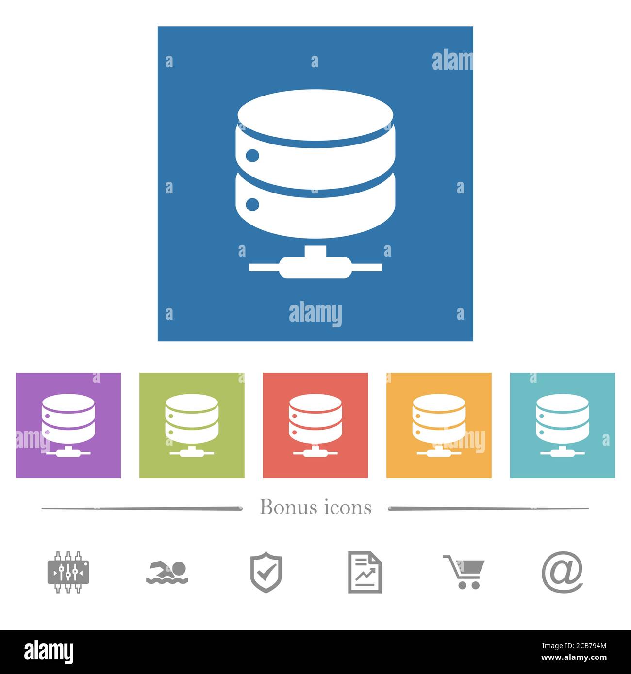 Network database flat white icons in square backgrounds. 6 bonus icons ...