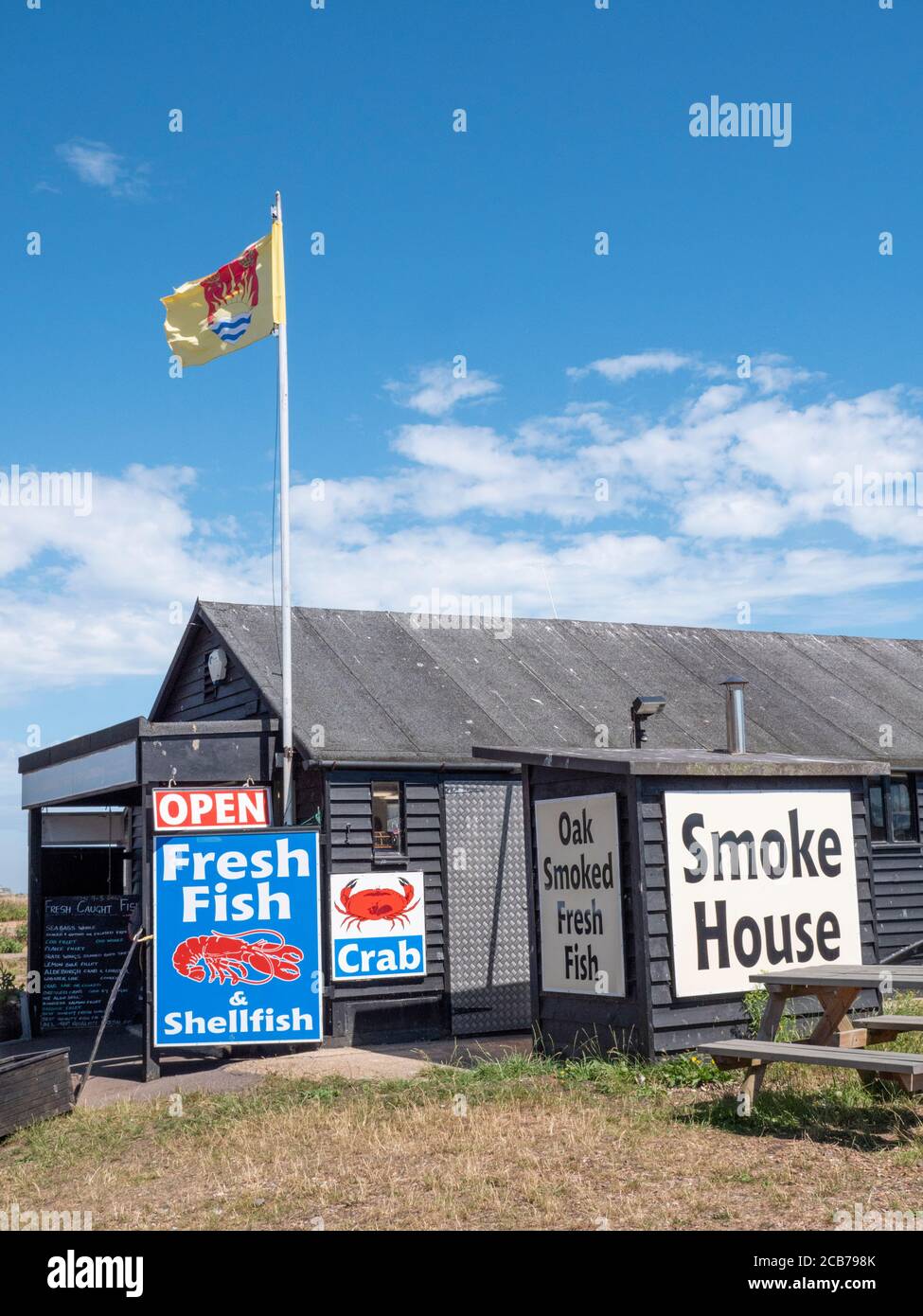 A fresh fish shop and smokery in a shed on the beach at Aldeburgh