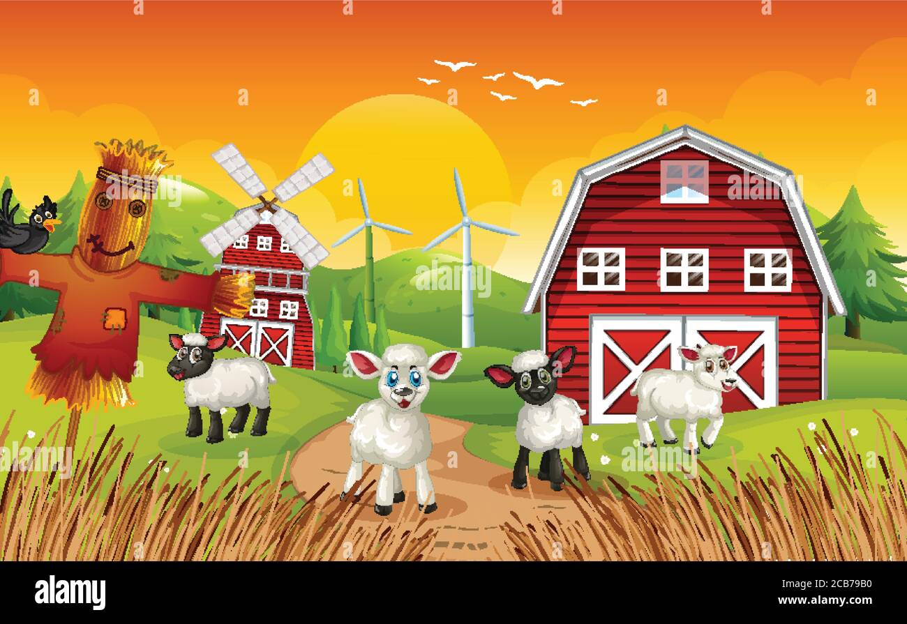 Farm scene in nature with barn and scarecrow and sheeps illustration ...