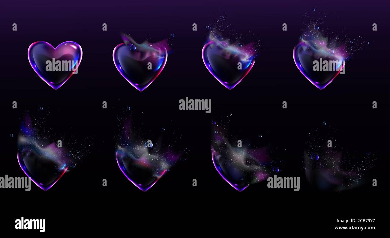 Soap bubbles in shape of heart burst sprites video animation sequence  stages. Game user interface GUI