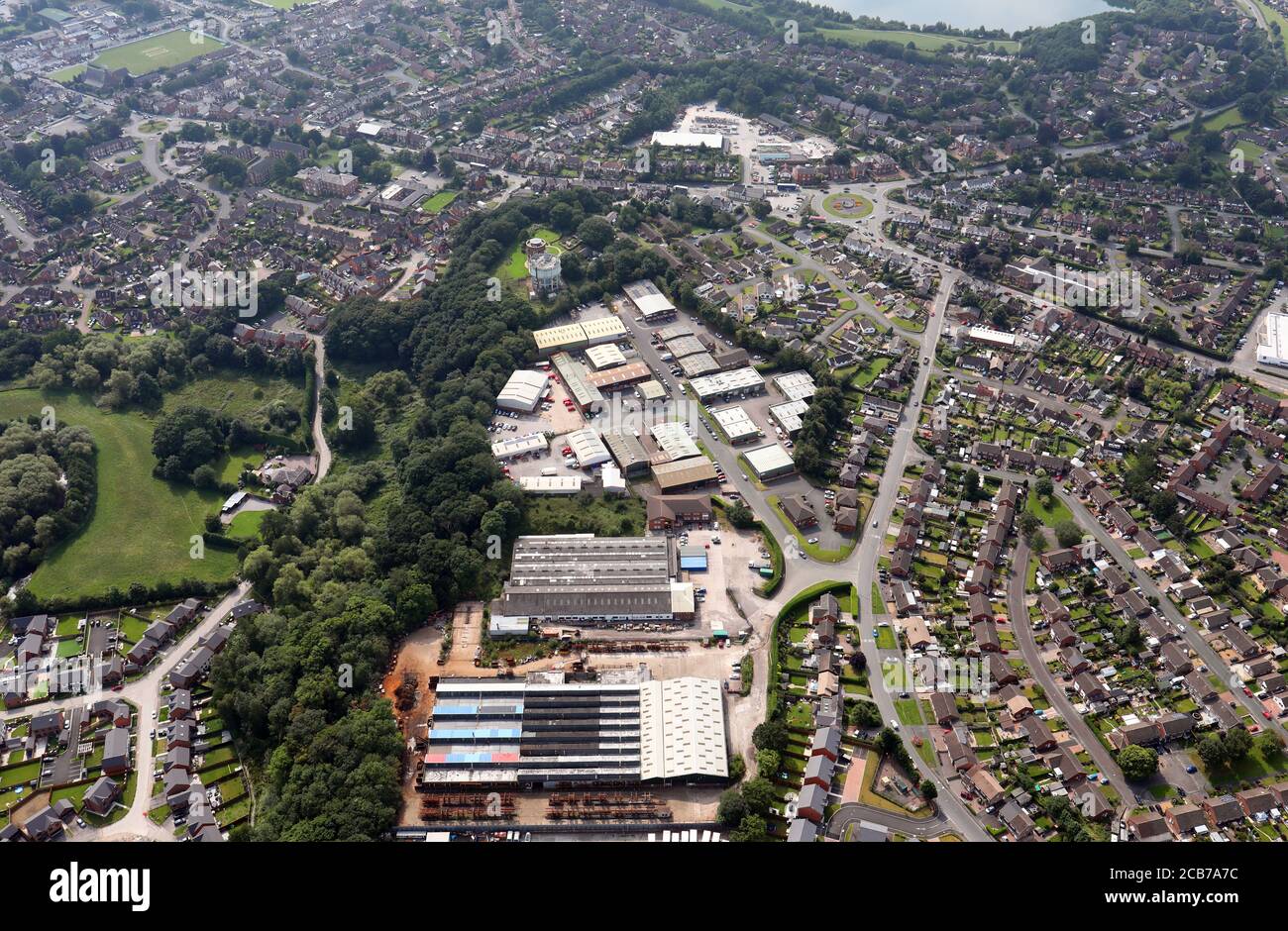 aerial view looking south of Greenfield Farm Industrial Estate, and part of Radnor Park Industrial Estate, Congleton, Cheshire Stock Photo