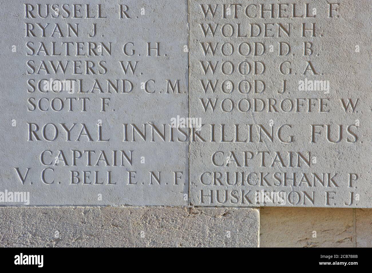 Mention of the Northern Irish VC recipient captain Eric Norman Frankland Bell (1895-1916) at the Thiepval Memorial to the Missing in France Stock Photo