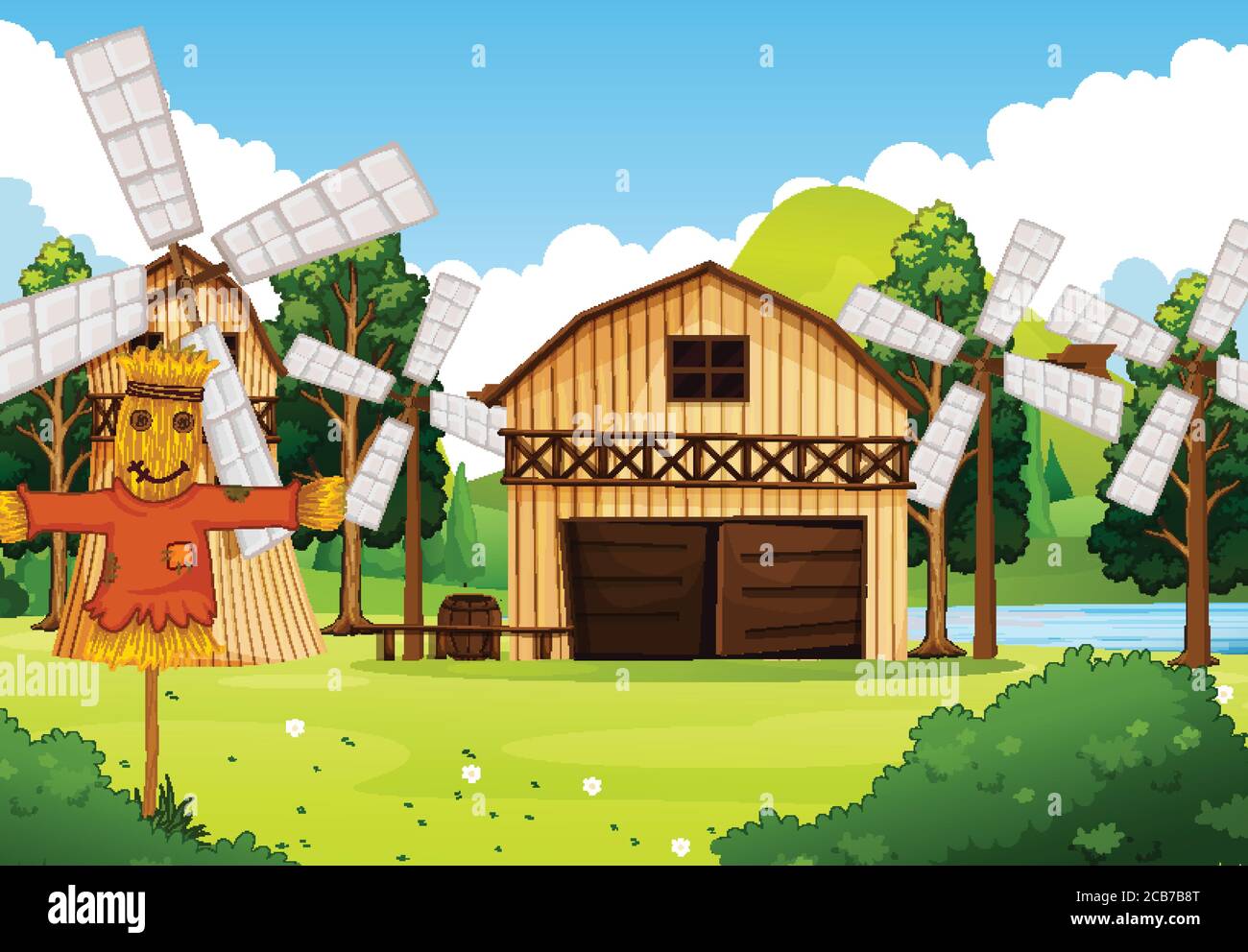 Farm in nature scene with barn and windmill and scarecrow illustration ...