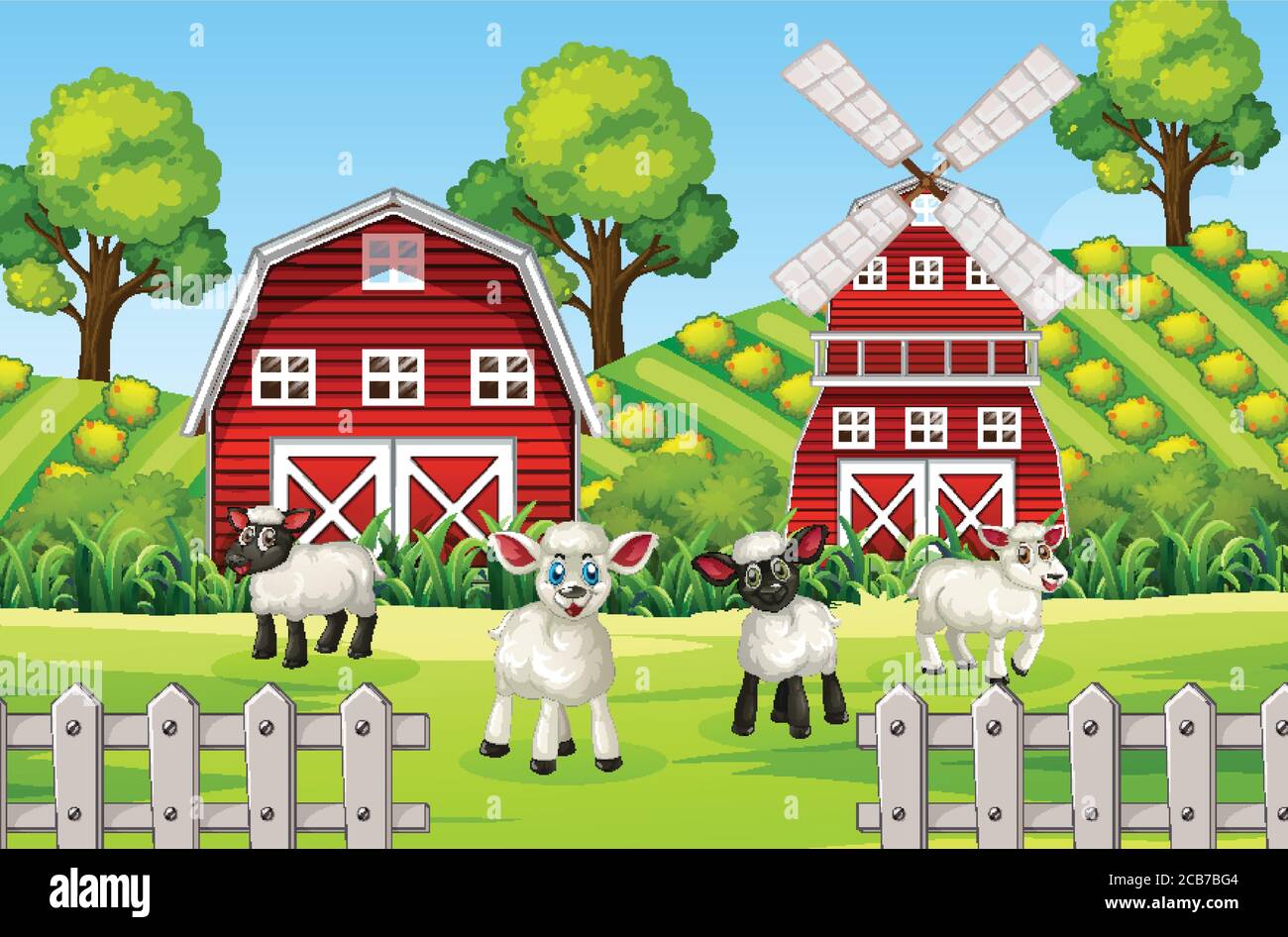 Farm Scene In Nature With Barn And Windmill And Sheeps Illustration Stock Vector Image And Art Alamy 9045