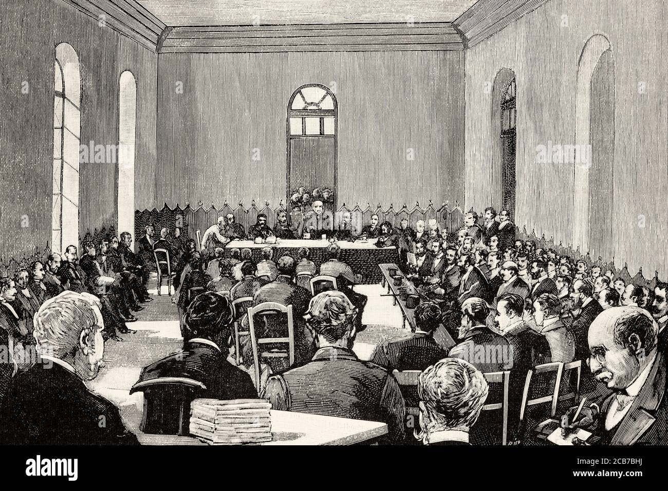 General assembly of shareholders of Spanish railways on the Madrid stock exchange, Spain. Europe. Old XIX century engraved illustration from La Ilustracion Española y Americana 1894 Stock Photo