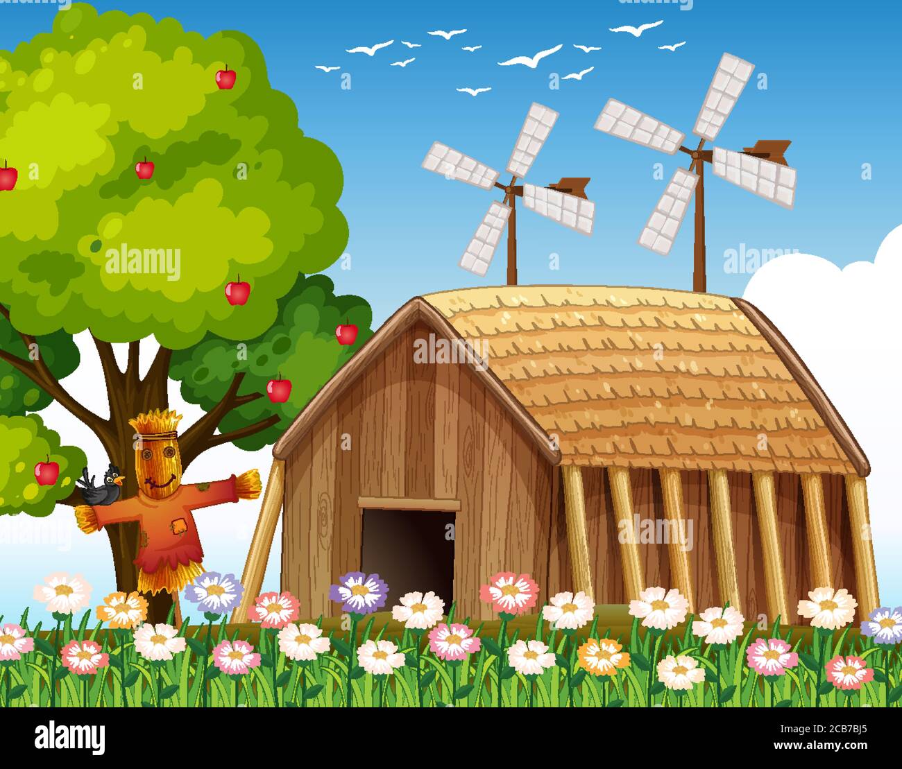 Farm in nature scene with barn and scarecrow and windmill illustration ...