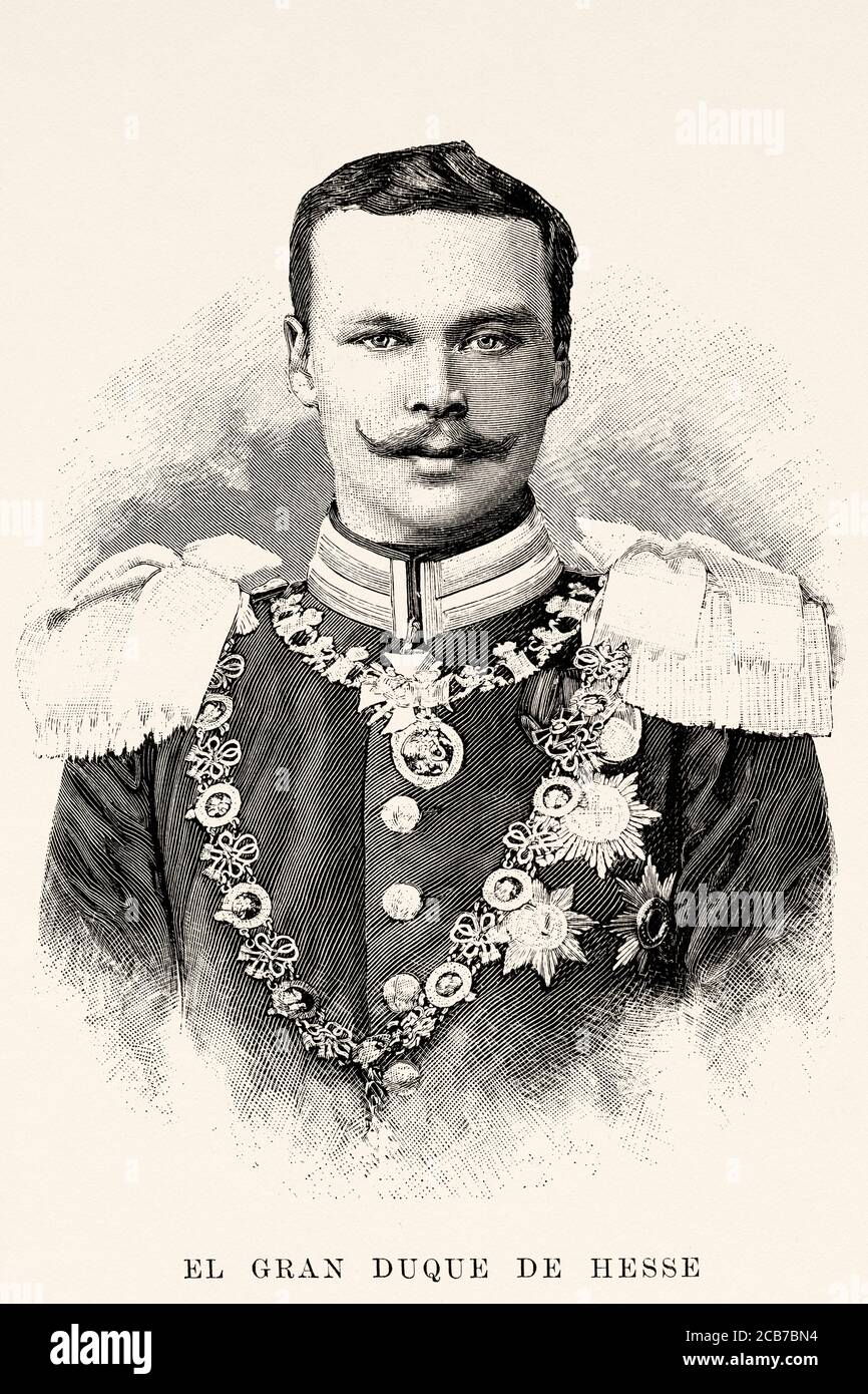 Portrait of Ernest Louis Charles Albert William (1868-1937) last Grand Duke of Hesse and by Rhine, grandson of Queen Victoria, during World War I he served in the German military. Germany, Europe. Old XIX century engraved illustration from La Ilustracion Española y Americana 1894 Stock Photo