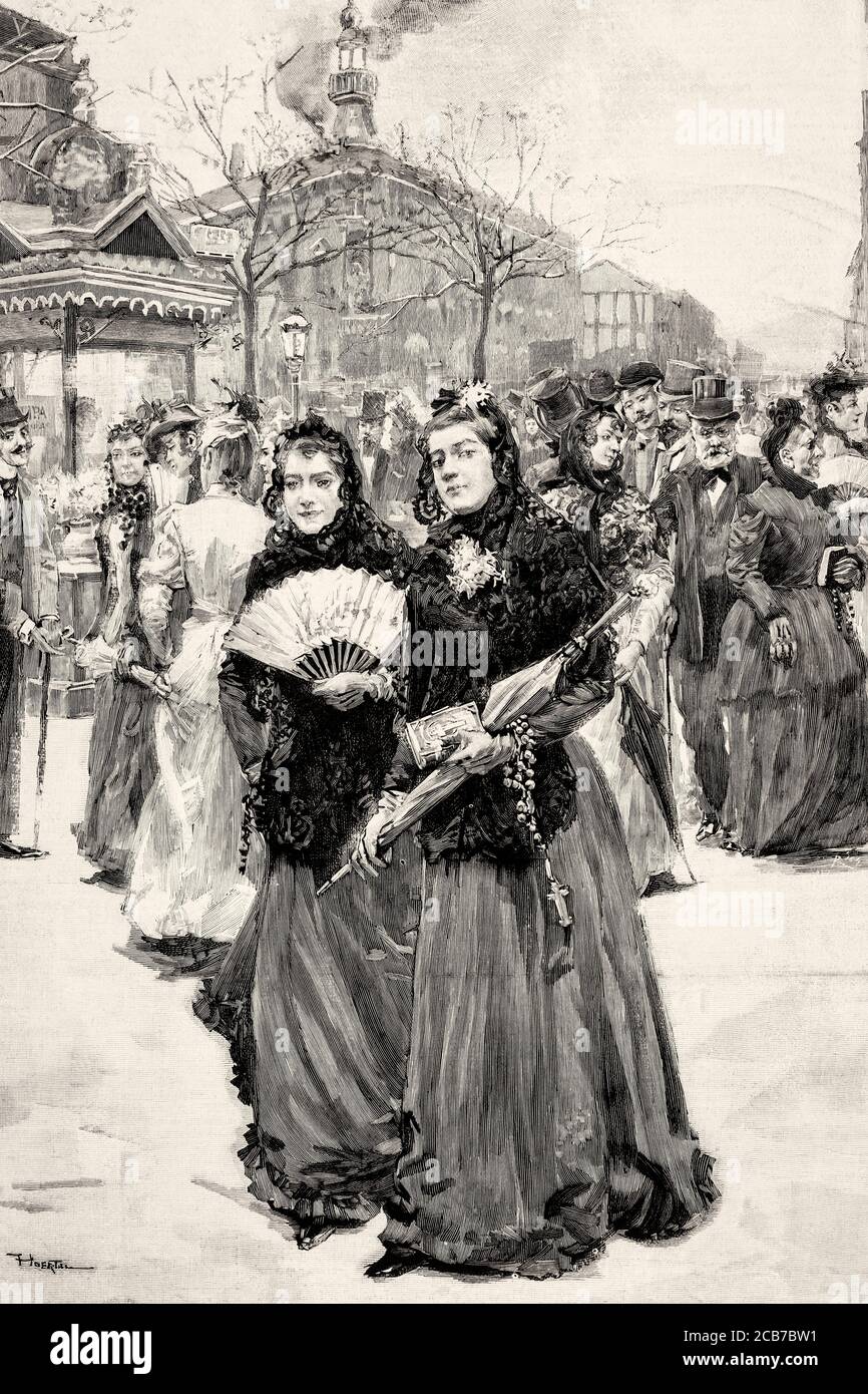 Typical Madrid characters from the 19th century visit Los Sagrarios, Madrid. Spain, Europe. Old XIX century engraved illustration from La Ilustracion Española y Americana 1894 Stock Photo