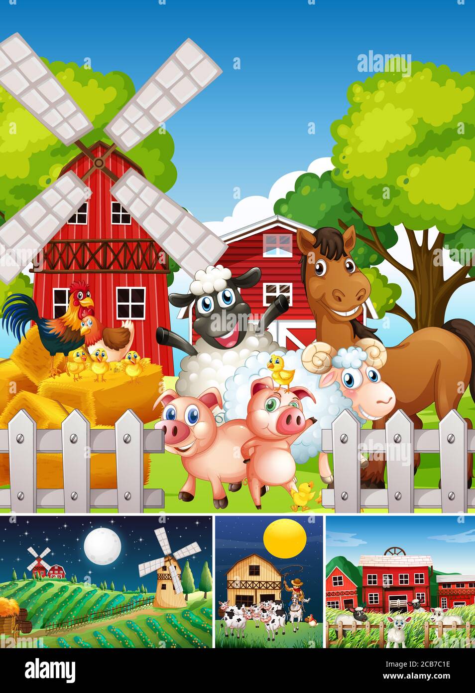 Set of different farm scenes with animal farm cartoon style ...