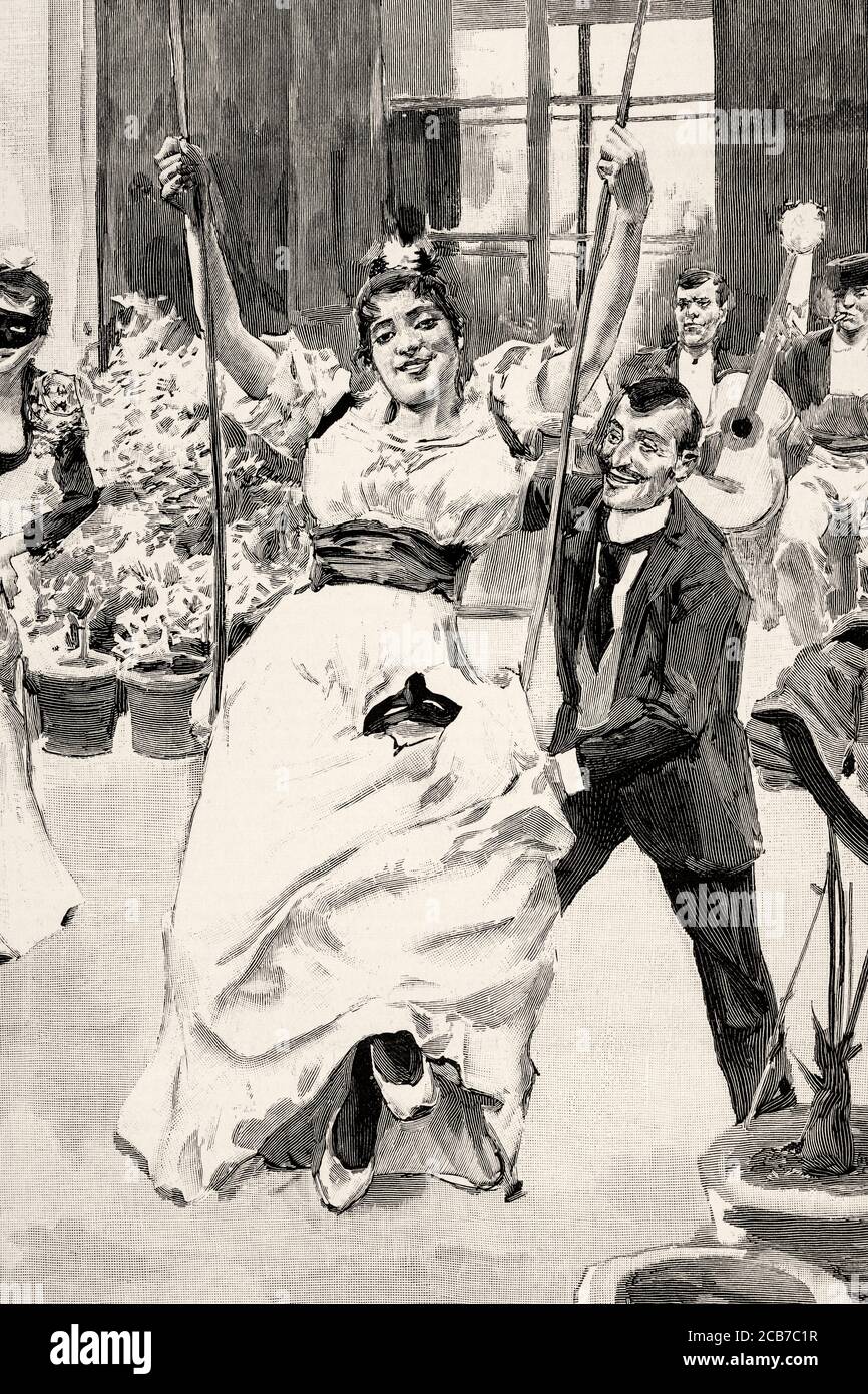 Andalusian customs of the 19th century, man rocking a woman on a swing in the patio of a Cordoba house on a carnival day, Andalusia. Spain, Europe. Old XIX century engraved illustration from La Ilustracion Española y Americana 1894 Stock Photo