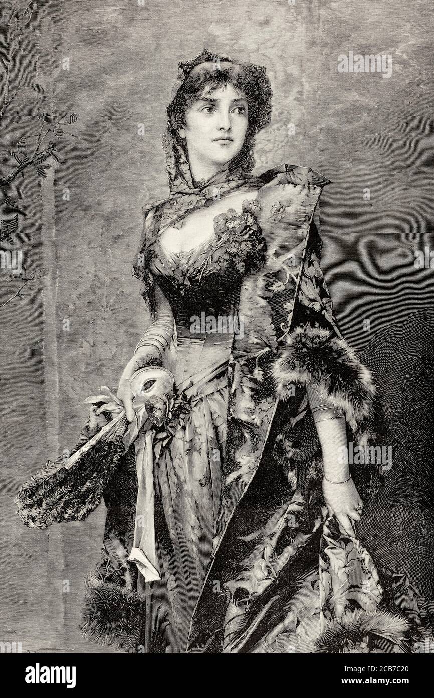Portrait of 19th century woman dressed in traditional dress to attend a high society dance painting by Conrad Kiesel (1846-1921) German architect, painter and sculptor. Europe. Old XIX century engraved illustration from La Ilustracion Española y Americana 1894 Stock Photo