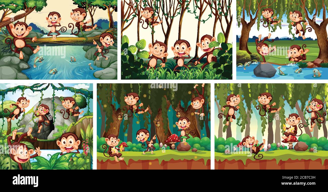 Set of playful monkey in nature background illustration Stock Vector ...