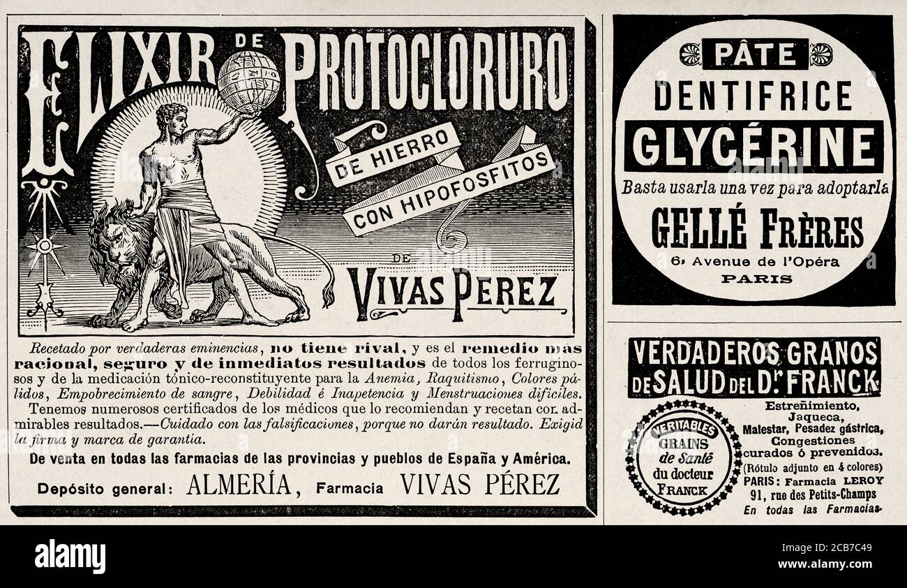 Old advertisement of the iron protochloride elixir with hypophosphites from Vivas Perez, Spain. Old XIX century engraved illustration from La Ilustracion Española y Americana 1894 Stock Photo