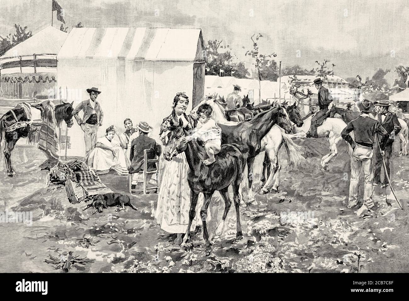 Traditional Sevilla April Fair, typical characters with traditional clothing from the time in 19th century, Seville, Andalusia. Spain. Old XIX century engraved illustration from La Ilustracion Española y Americana 1894 Stock Photo