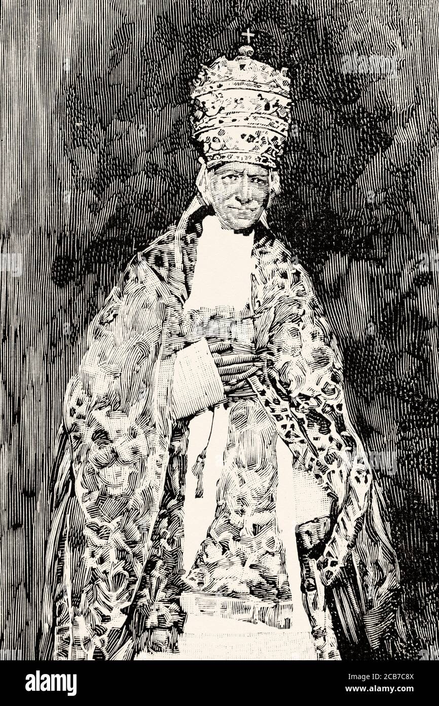 Portrait of pope Leo XIII, Vincenzo Gioacchino Pecci (1810-1903) Pope of the catholic church from 1878-1903. Old XIX century engraved illustration from La Ilustracion Española y Americana 1894 Stock Photo
