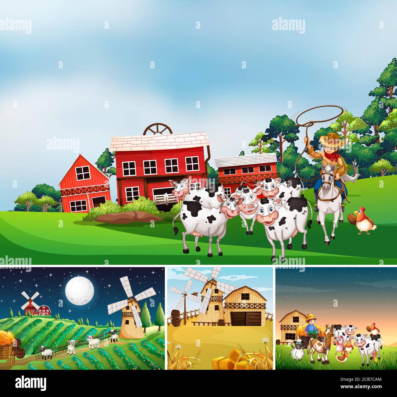 Set of different farm scenes with animal farm cartoon style ...