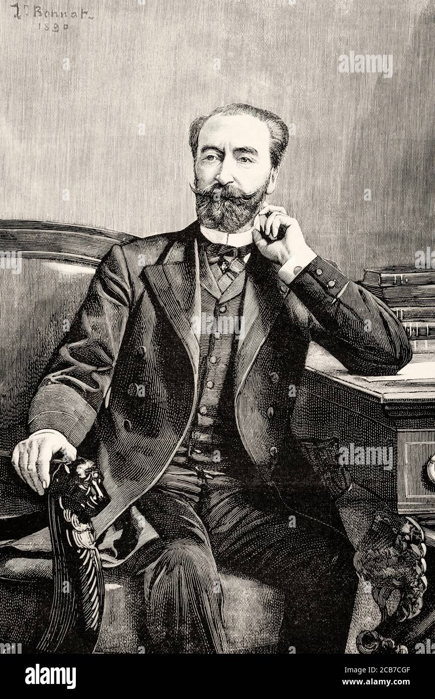 Portrait of Marie Francois Sadi Carnot (Limoges 1837 - Lyon 1894) French politician, President of the Third Republic of France from 1887 until his assassination in 1894. France. Old XIX century engraved illustration from La Ilustracion Española y Americana 1894 Stock Photo