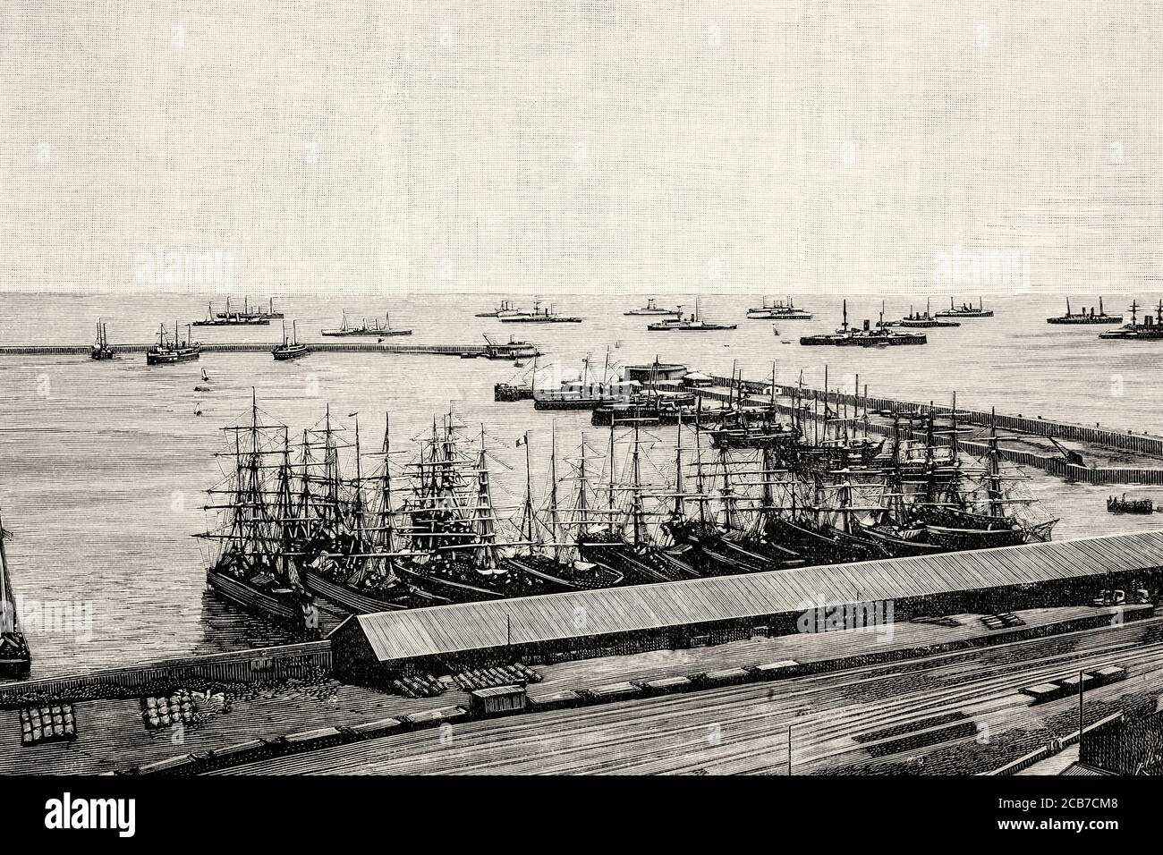 Squadron of the fleet of English Mediterranean ships anchored in the port of Barcelona at the end of the 19th century, Spain. Old XIX century engraved illustration from La Ilustracion Española y Americana 1894 Stock Photo