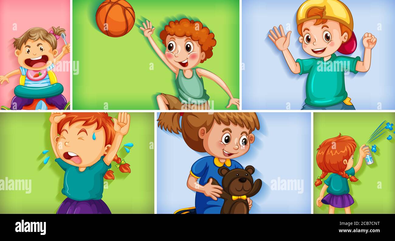 Set of different kid characters on different color background ...