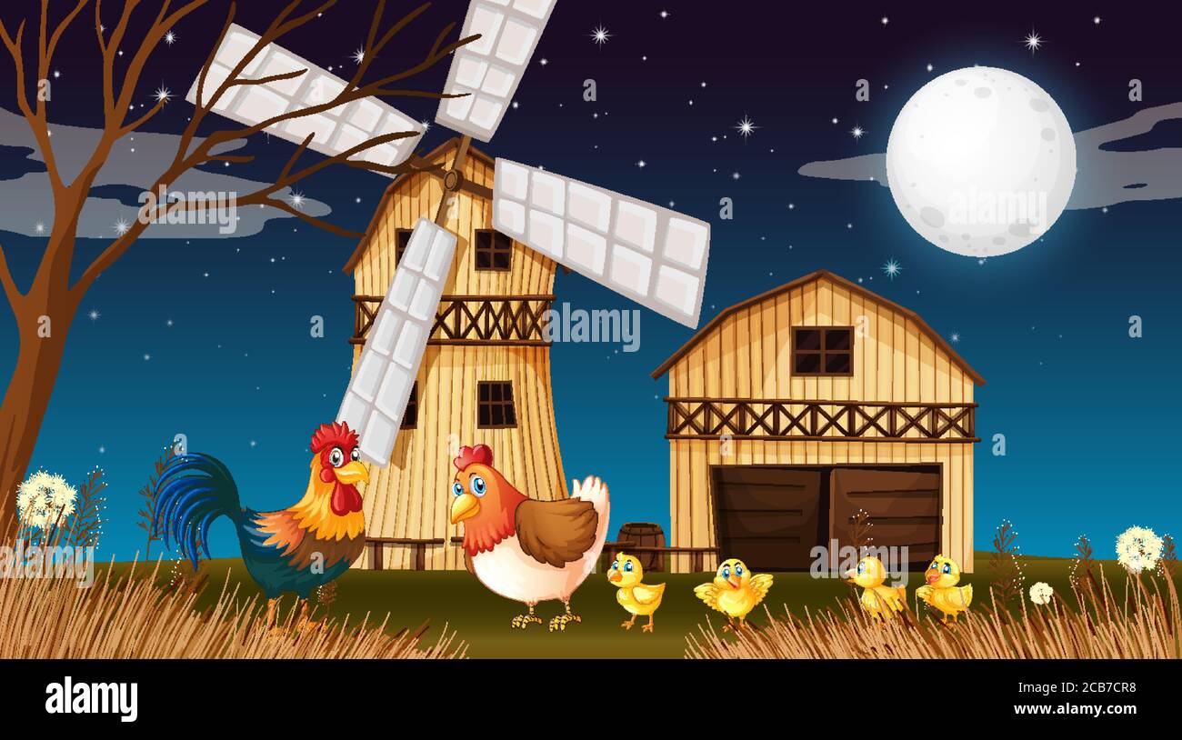 Farm scene with barn and windmill and chicken at night illustration ...