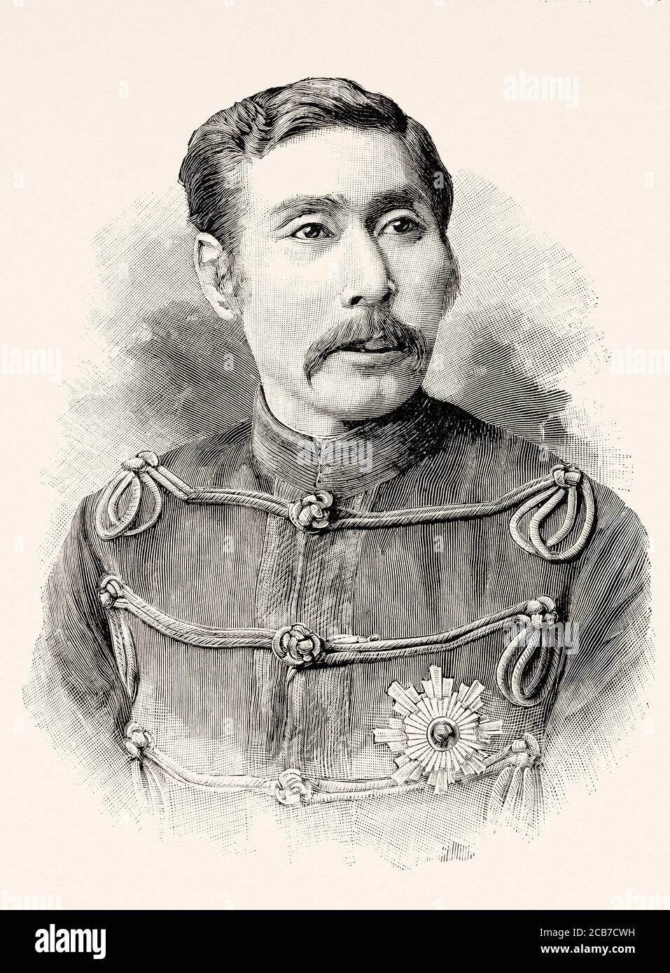 Portrait of Field Marshal Prince Yamagata Aritomo (1838-1922)  Imperial Japanese Army, twice Prime Minister of Japan. Old XIX century engraved illustration from La Ilustracion Española y Americana 1894 Stock Photo