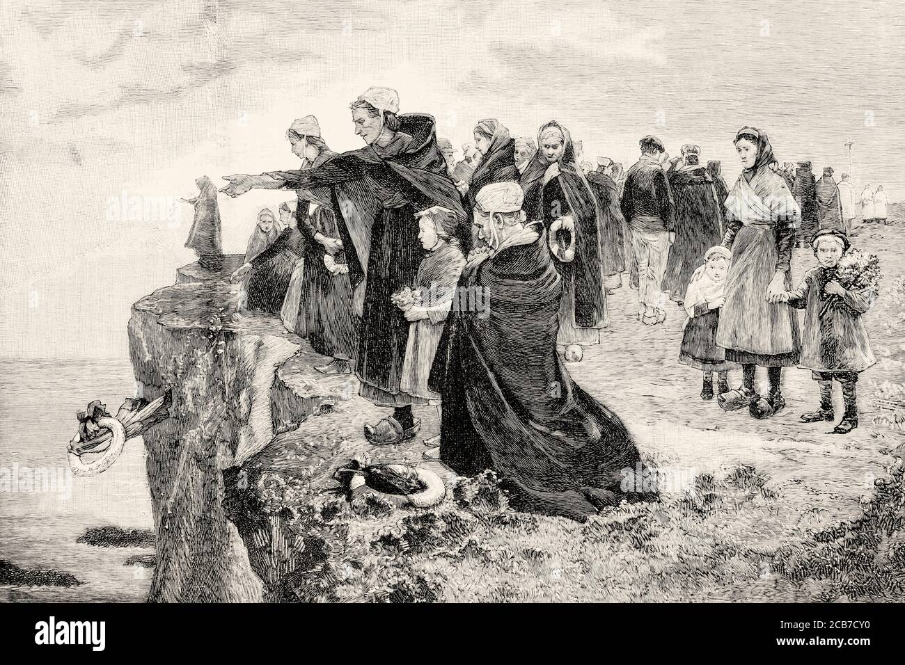 Traditional tribute to the victims who disappeared at sea in the late 19th century, Spain. Old XIX century engraved illustration from La Ilustracion Española y Americana 1894 Stock Photo