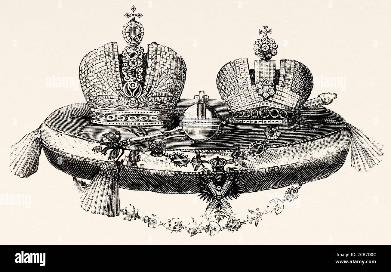 Imperial Crown of Russia, is the crown that served to crown the sovereigns of the Russian Empire from Catherine II of Russia to the coronation of Nicholas II of Russia in 1896. Old XIX century engraved illustration from La Ilustracion Española y Americana 1894 Stock Photo
