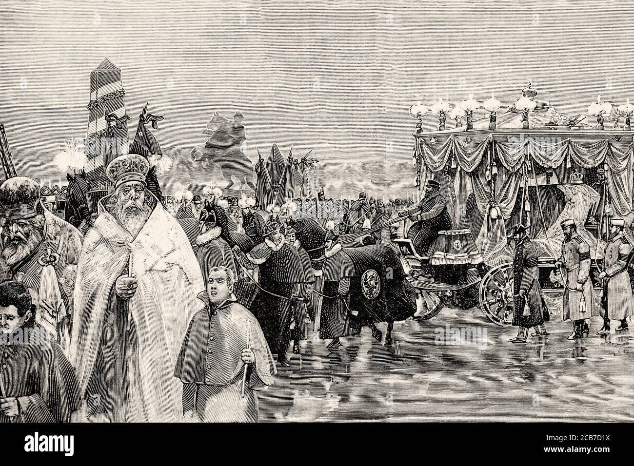 Funeral procession of Tsar Alexander III (1845-1894) Emperor of Russia, heading towards Saints Peter and Paul Cathedral, Saint Petersburg, Russia. Old XIX century engraved illustration from La Ilustracion Española y Americana 1894 Stock Photo