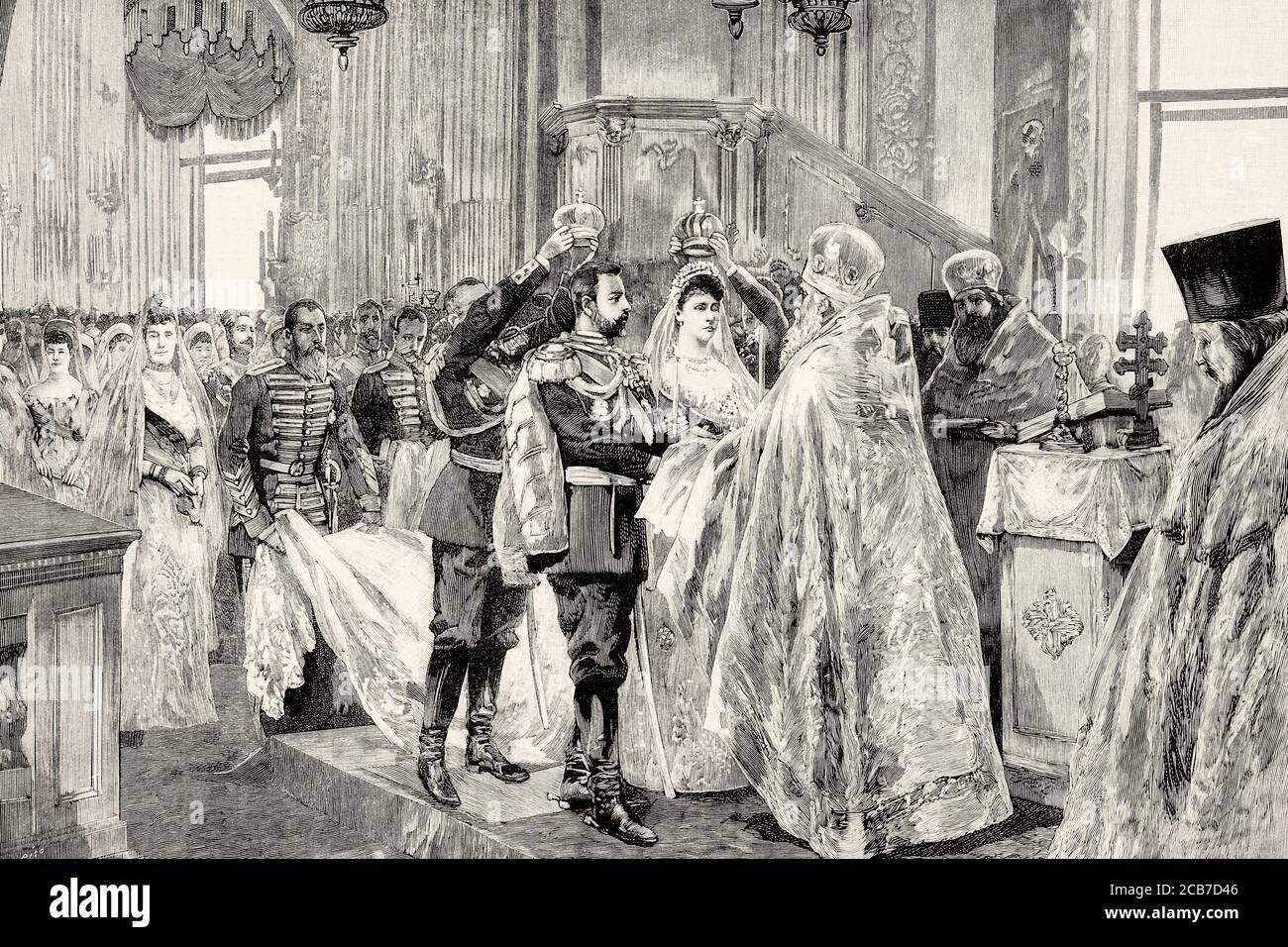 Coronation of Tsar Nicholas II and the Princess Alix of Hesse-Darmstadt at the Cathedral of the Assumption of Moscow on November 26, 1894. Russia. Old XIX century engraved illustration from La Ilustracion Española y Americana 1894 Stock Photo