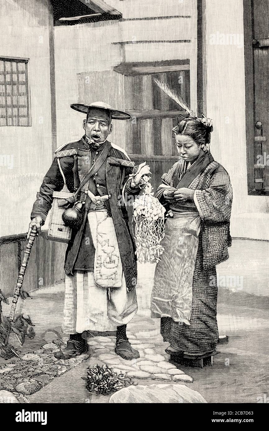 Characters, customs and traditions of the Japanese, street vendor. Japan. Old XIX century engraved illustration from La Ilustracion Española y Americana 1894 Stock Photo