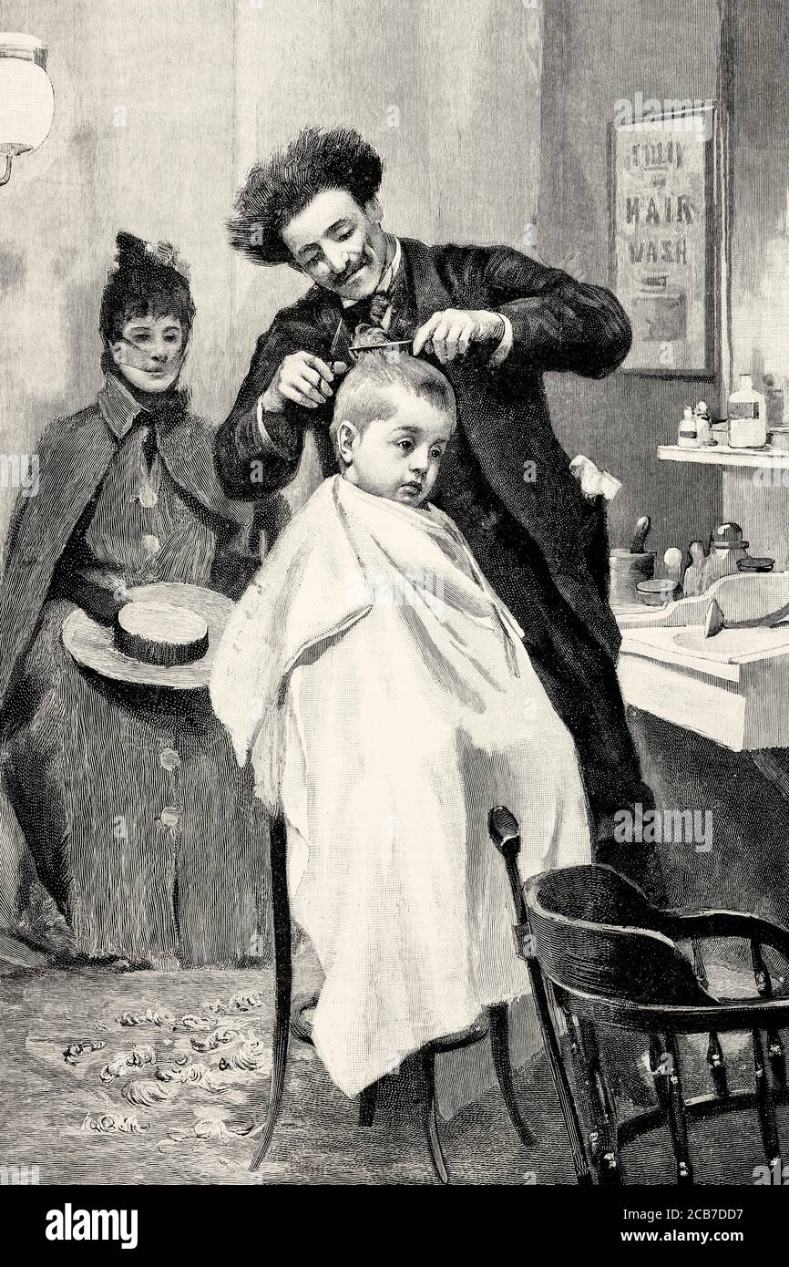 A little boy in a hair salon in 19th century. Old XIX century engraved