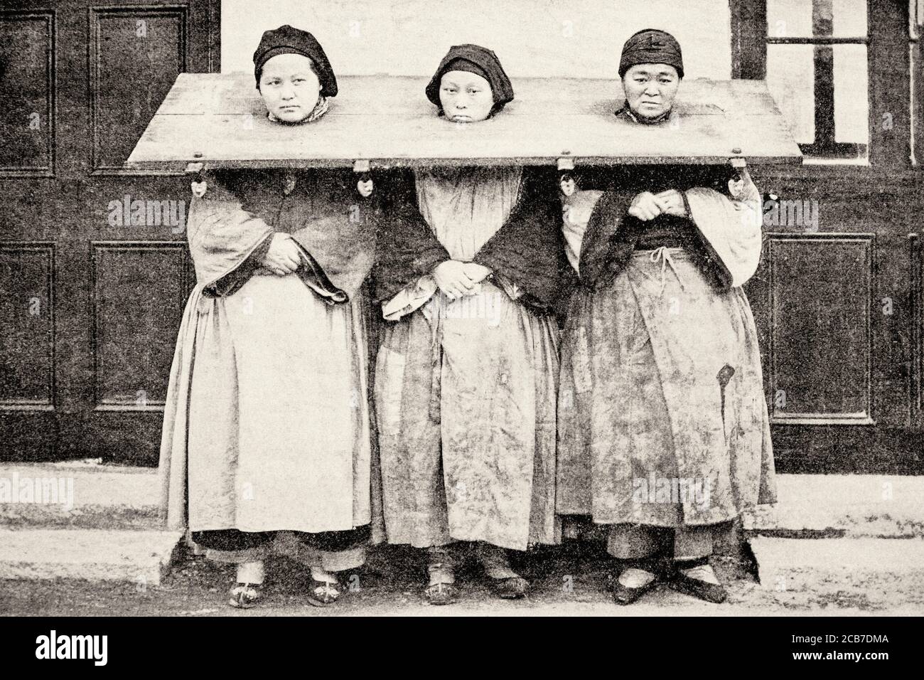 Old photograph of women prisoners in the Shanghai prison, China. Old XIX century illustration