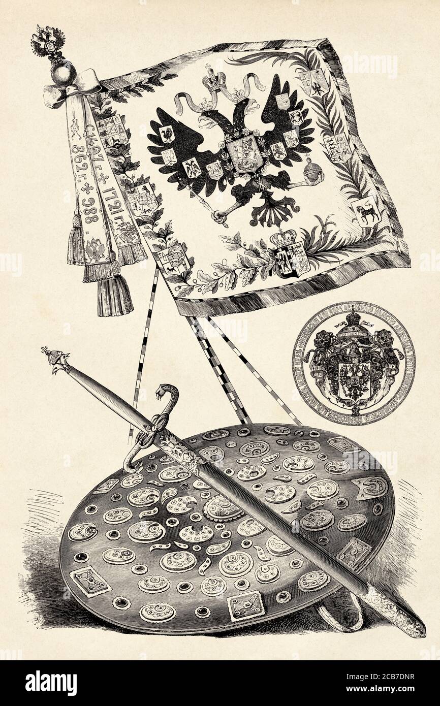 Russian Empire Coat of Arms, seal of the state sword and rodela of the emperor, Russia. Old XIX century engraved illustration from La Ilustracion Española y Americana 1894 Stock Photo