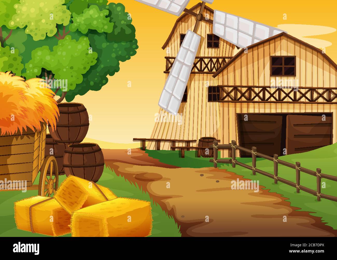 Farm scene in nature with barn and windmill illustration Stock Vector ...